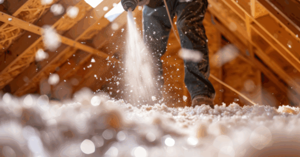 insulation upgrade image of tech blowing in fiberglass insulation.
